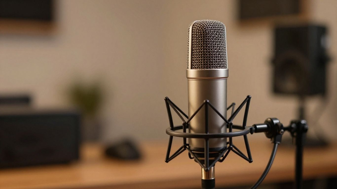 Micrófono de podcast profesional en un estudio casero.