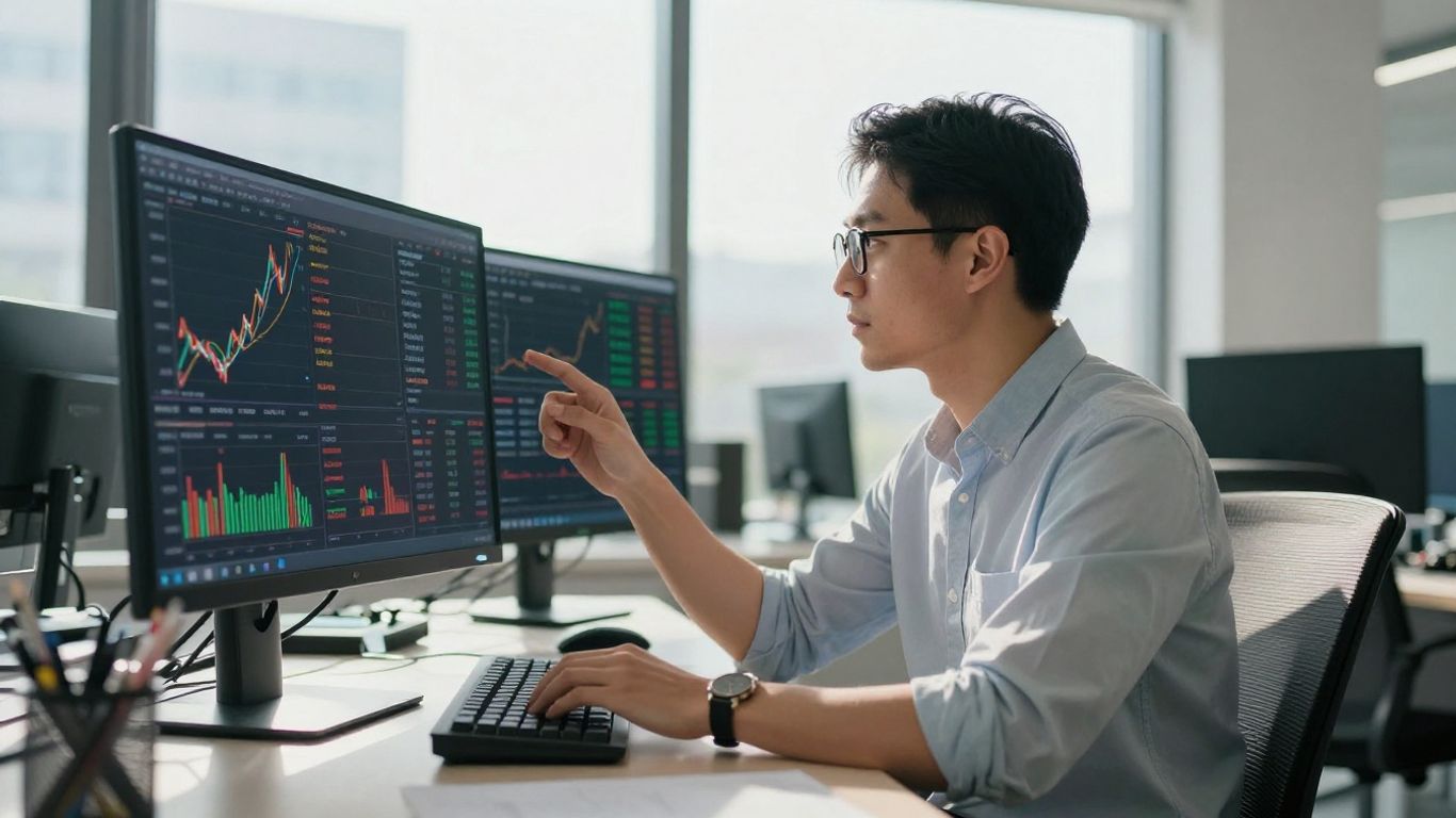 Trader analyzing financial data on a screen.