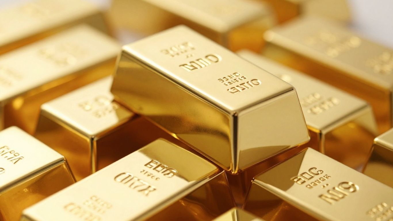 Barras de ouro brilhantes empilhadas, close-up.