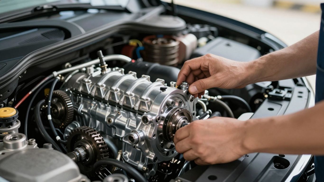 Mechanic servicing car transmission in Brisbane.