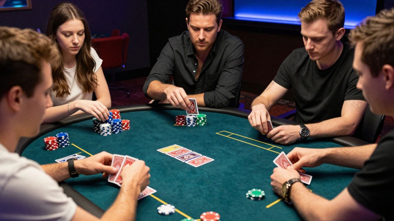 Three friends playing Texas Hold'em poker online.