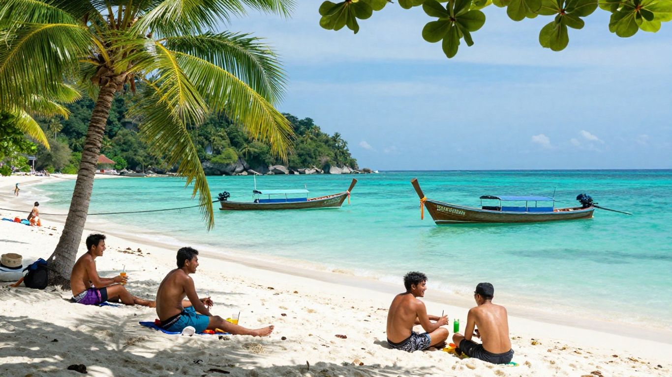 Lads enjoying a sunny beach holiday in Thailand.