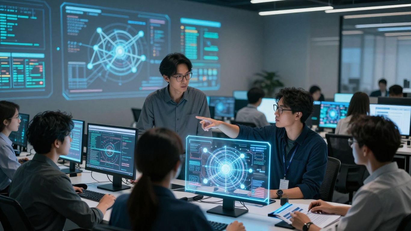 Personnes utilisant l'IA dans un bureau moderne.
