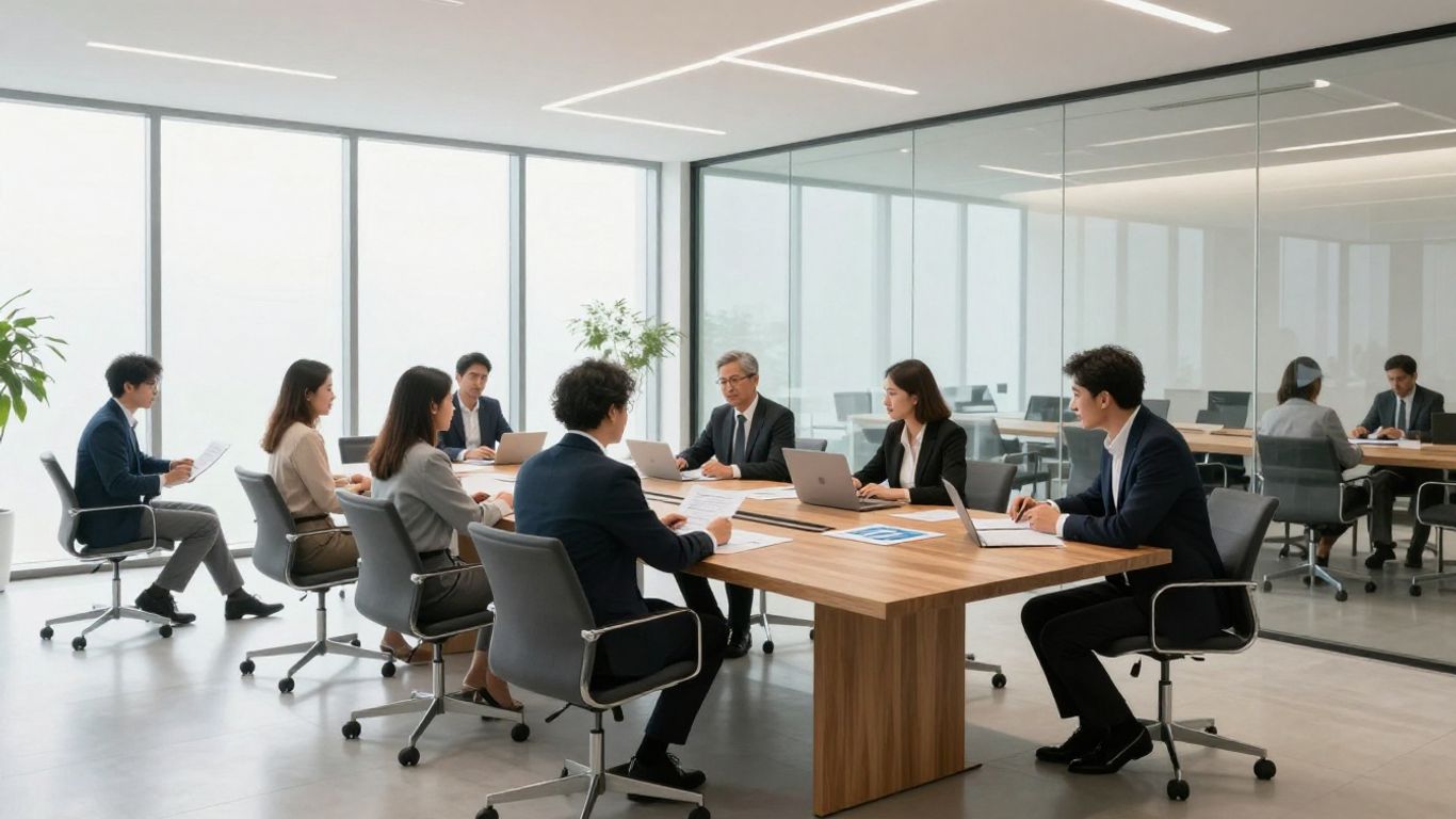 A professional office setting with business analysts