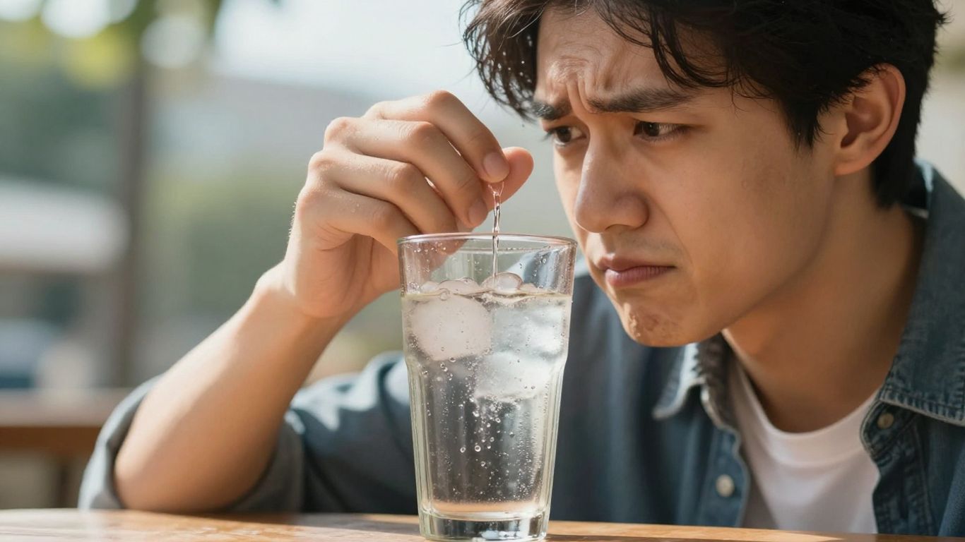 Person schwitzt bei großer Hitze, trinkt kühles Wasser.