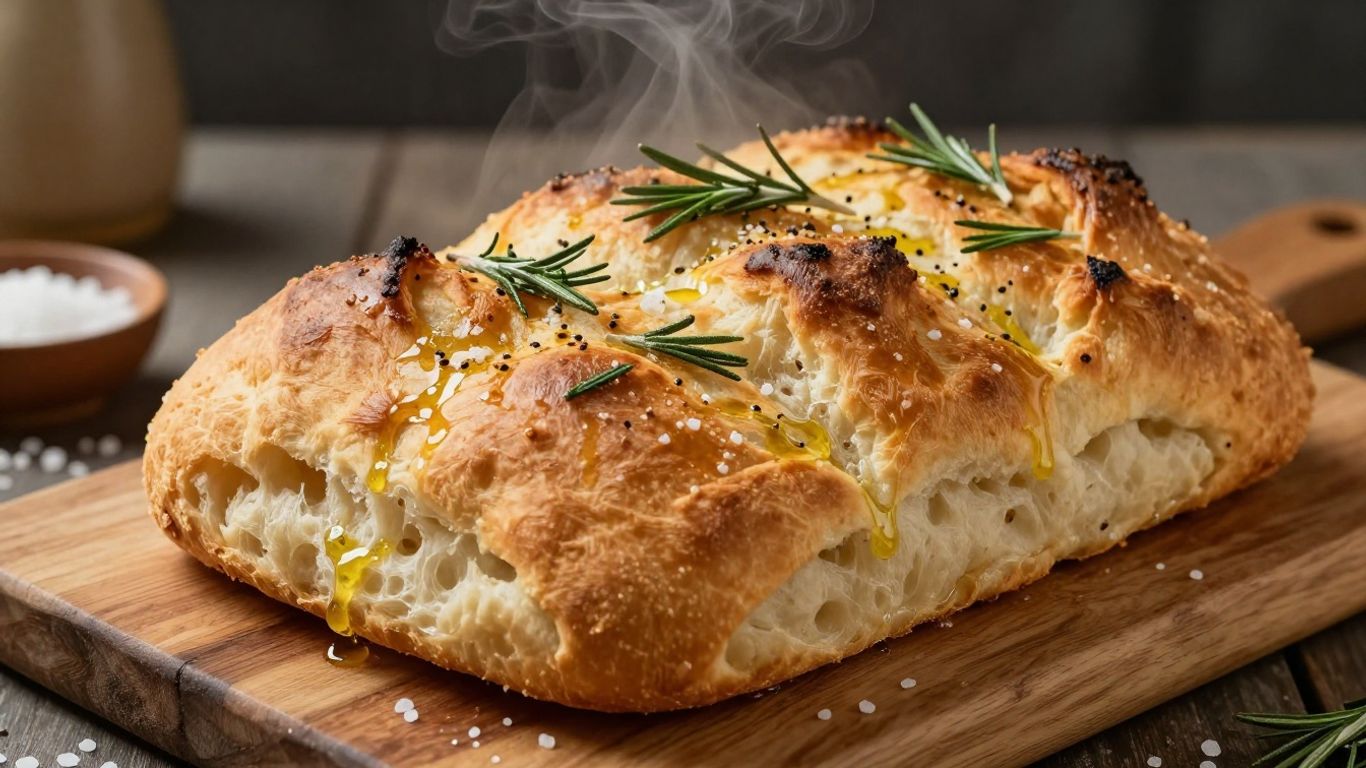 Golden focaccia bread with rosemary and sea salt.