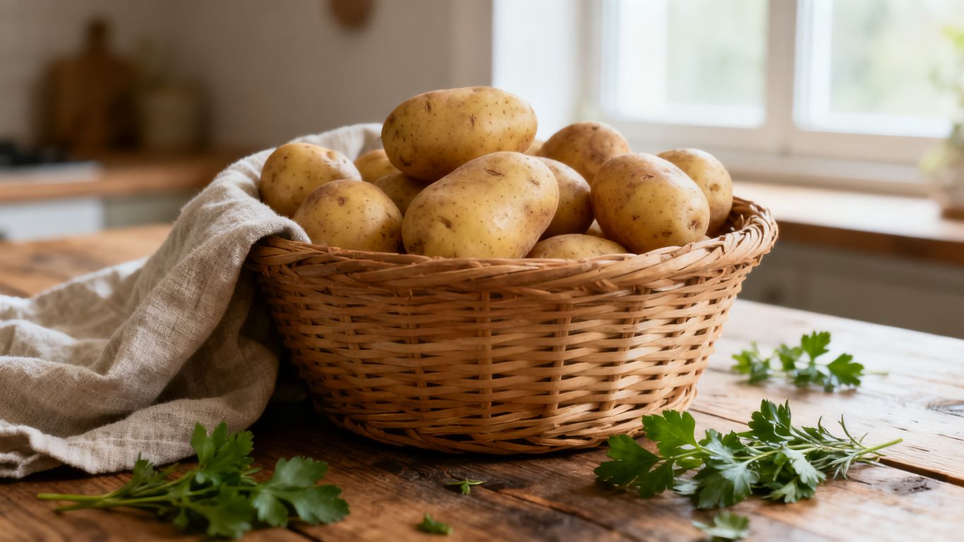 Een mand biologische aardappelen in keuken
