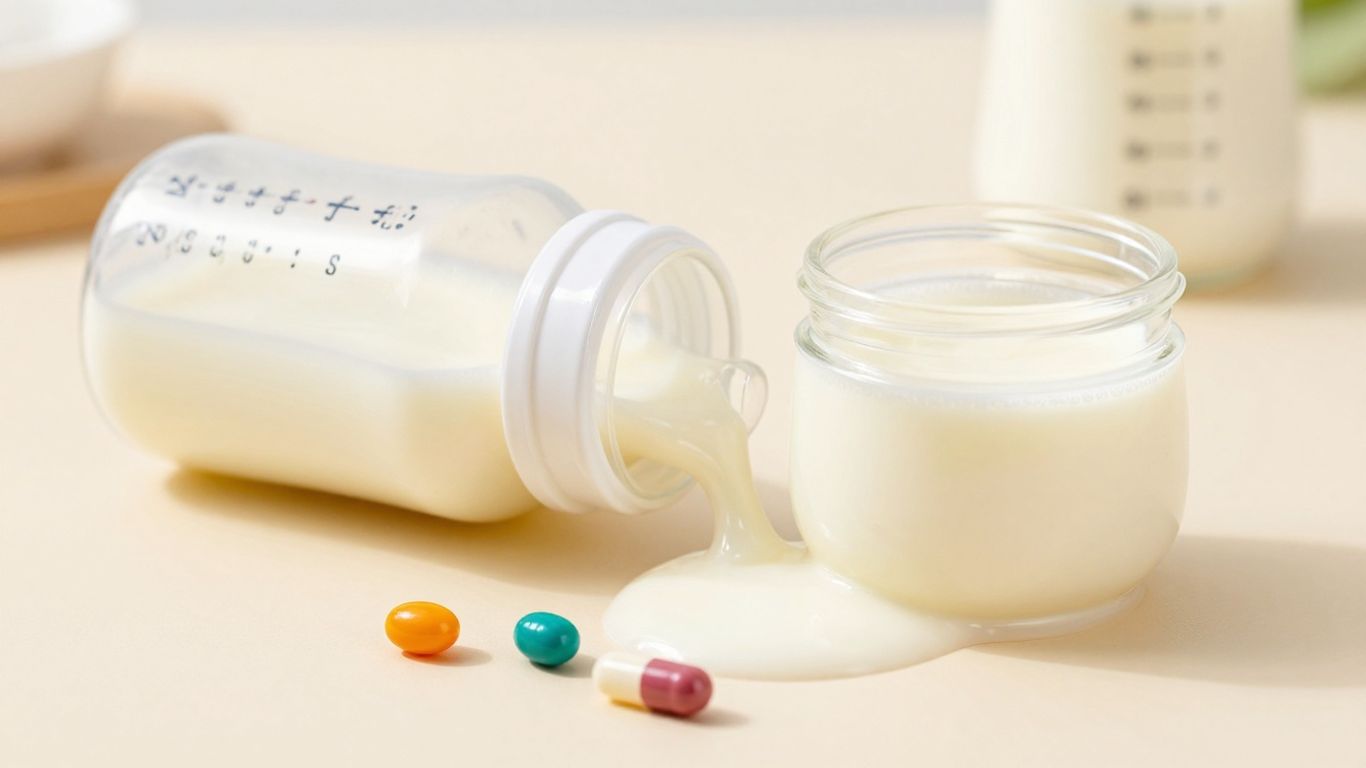 Bebé bebiendo leche de fórmula con vitaminas y minerales.