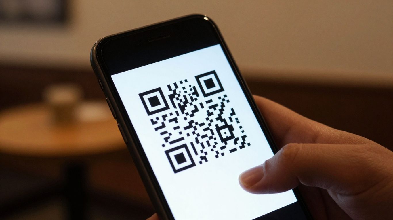 Smartphone scanning a WiFi QR code.