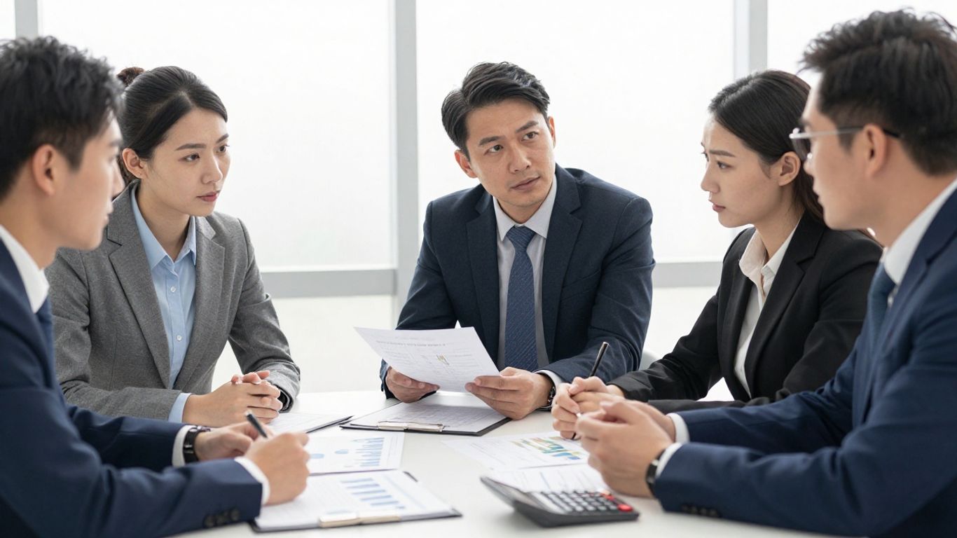 Business team reviews financial documents in an office.