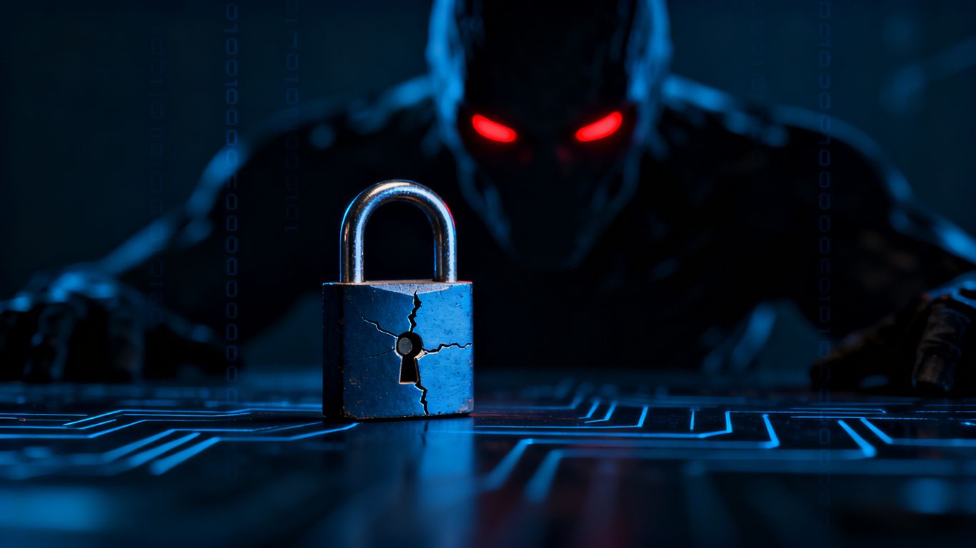 Small padlock threatened by large cyber shadow.