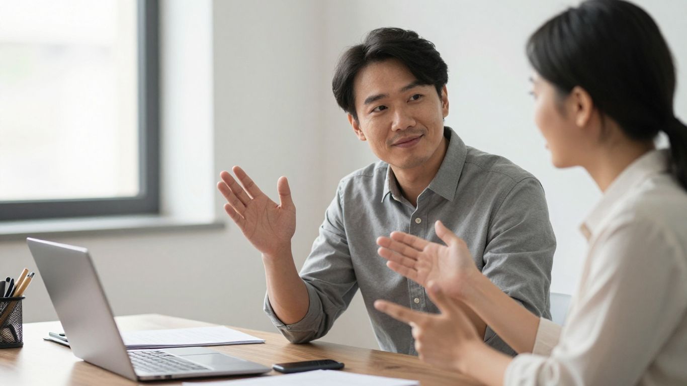 Coach et client discutant dans un bureau lumineux.