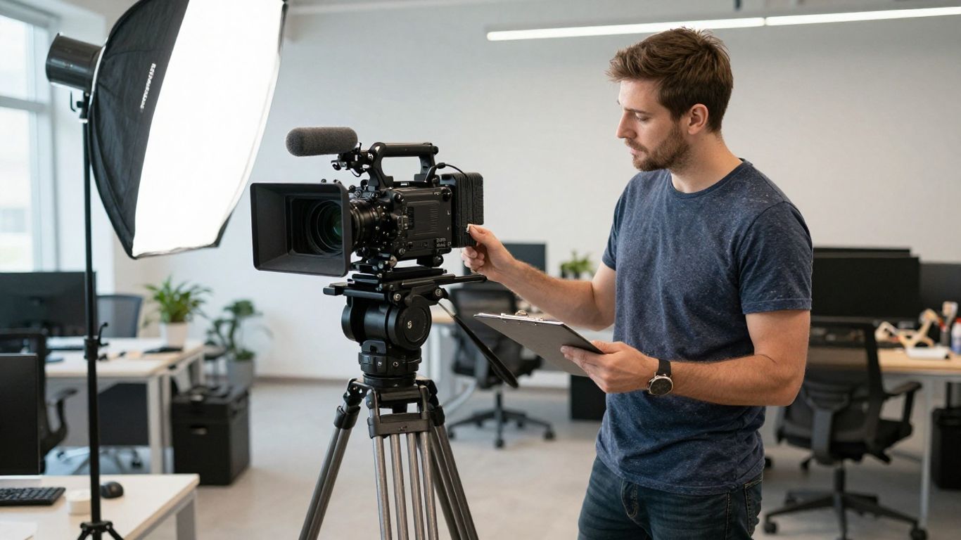 Production crew preparing camera equipment on location