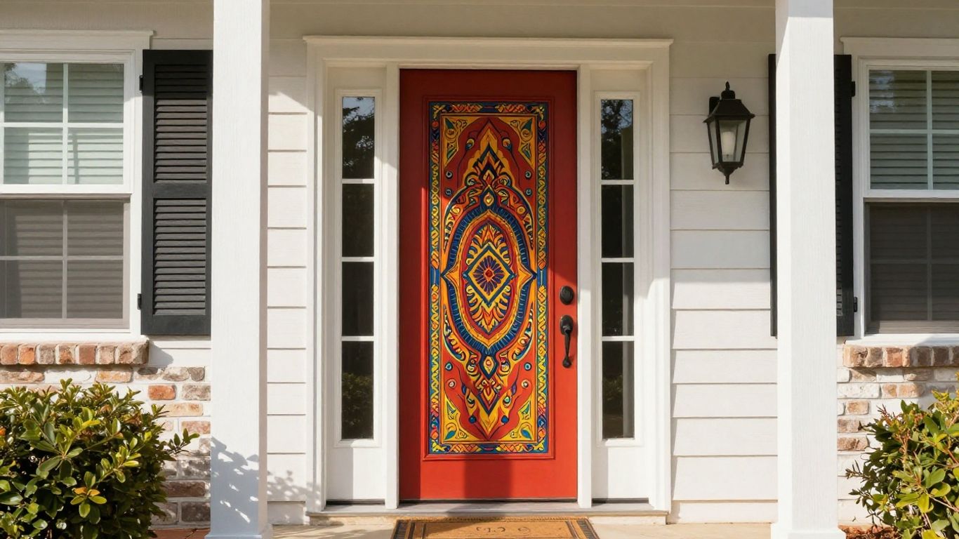 Home entryway with decorative door and porch overlay.