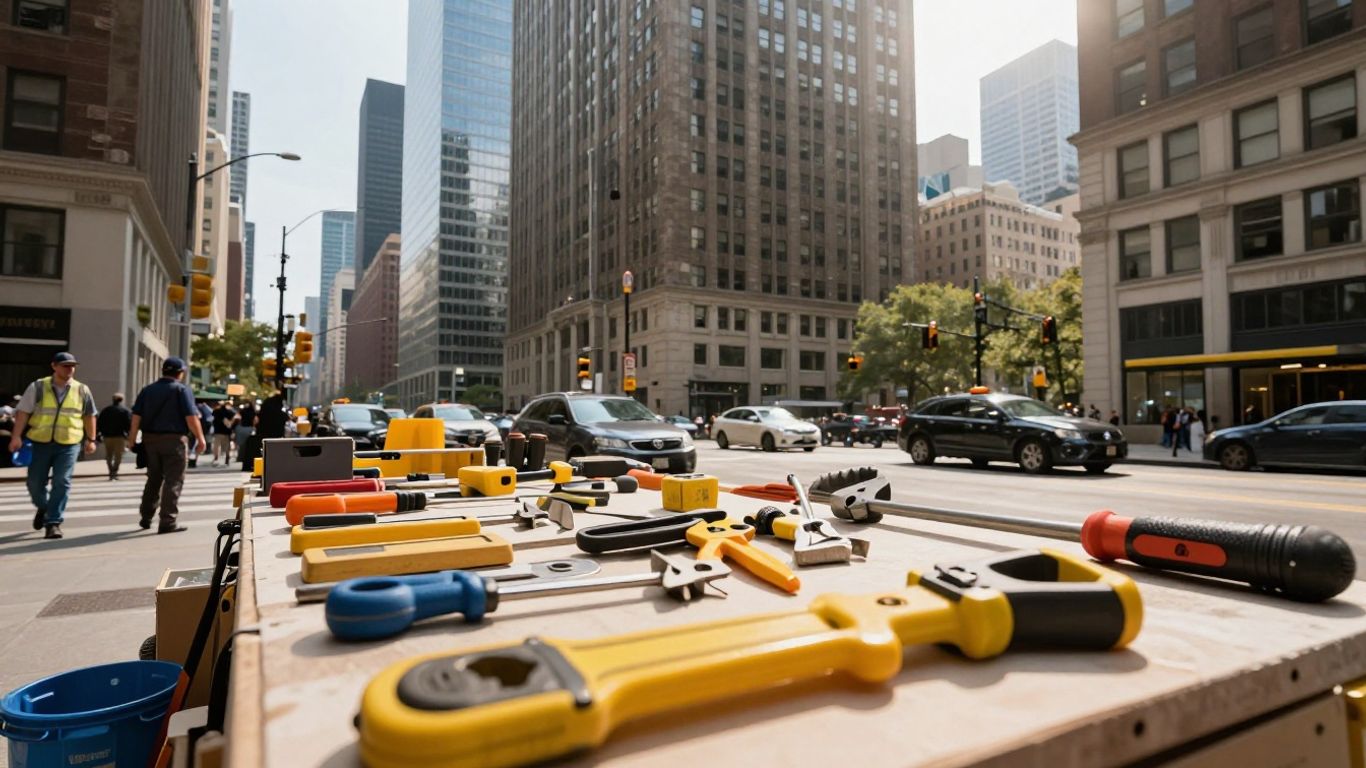 Chicago skyline with contractor tools