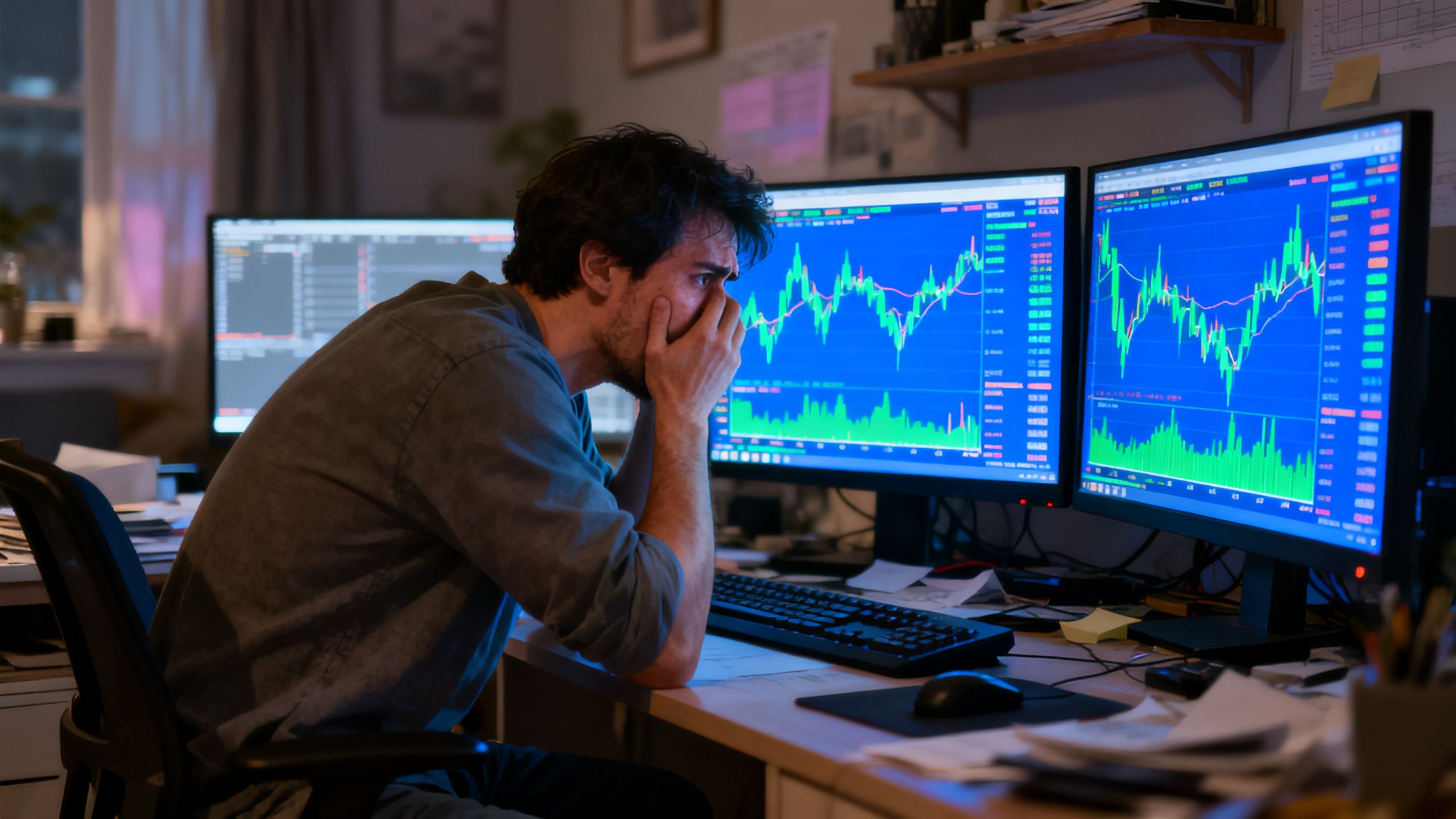 A time-poor retail CFD trader monitoring too many market charts, with two clearly understood markets highlighted and the rest fading into visual noise