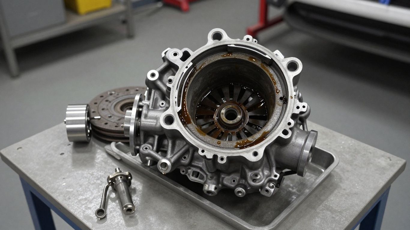 Burnt transmission fluid beside worn components