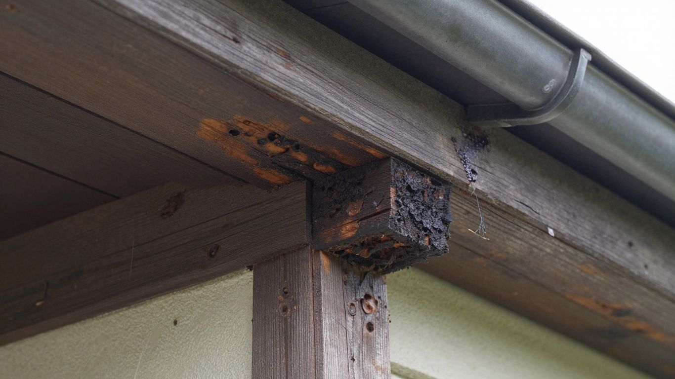 Rotting wood on a house fascia near a gutter.