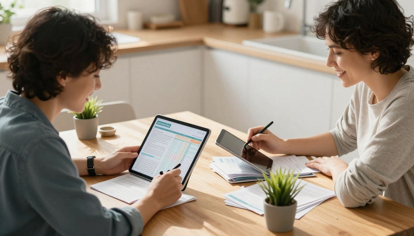 Couple happily managing finances together at a table.