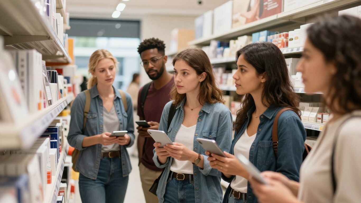 People considering products in a bright retail setting.