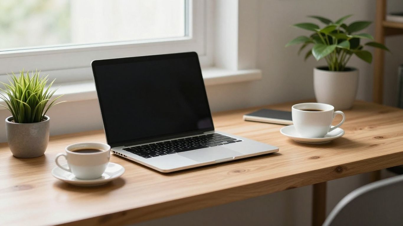 A minimalist trading desk with laptop and coffee