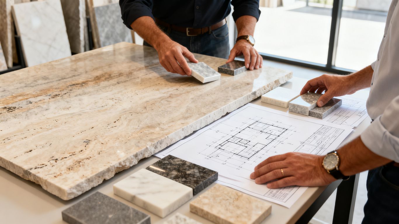 Interior designer reviewing stone slab samples