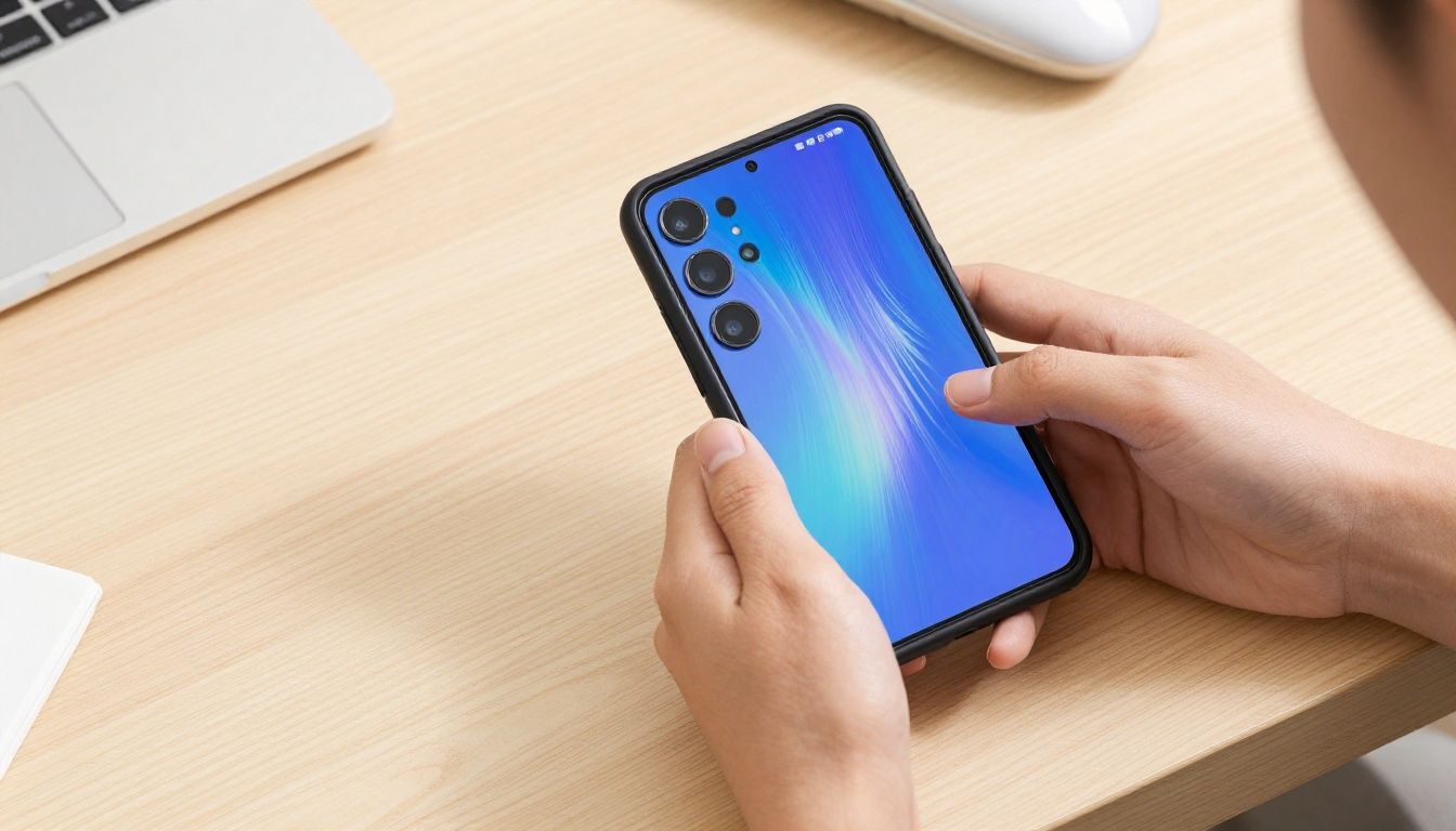A person selecting a Galaxy S23 Ultra case for different daily needs on a light wooden desk with accessories scattered around