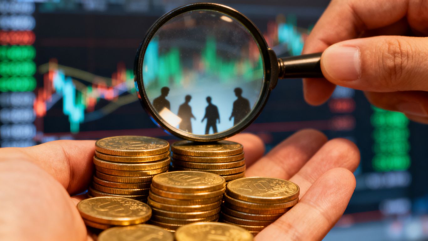 Coins with hidden figures and a magnifying glass.