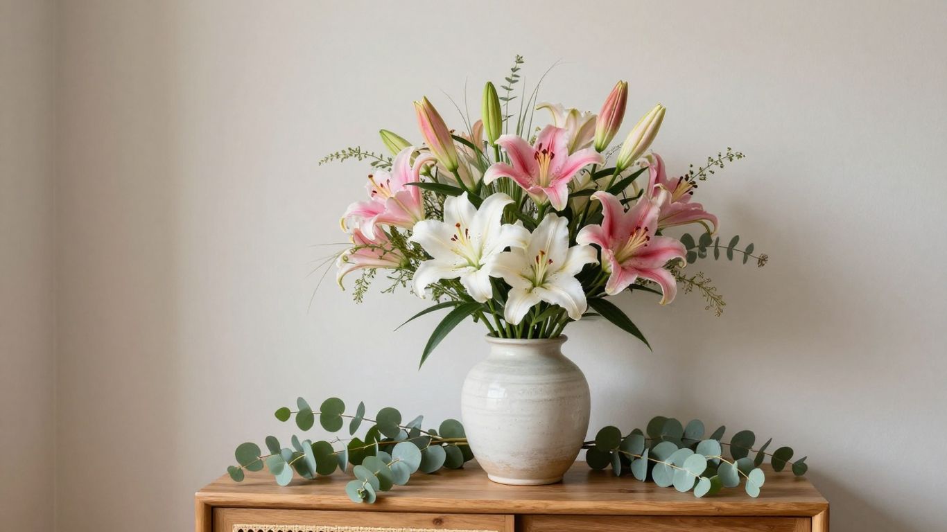 Large lily arrangement with textured greenery