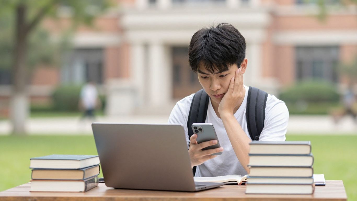 Estudiante trabajando y estudiando con un teléfono.