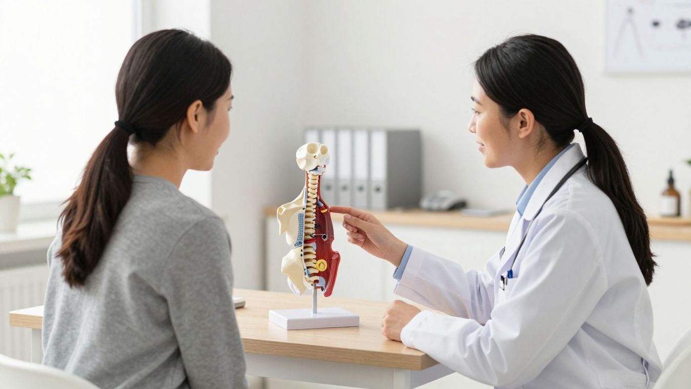 Photographic clinical consultation showing a practitioner reviewing cervical spine imaging with an adult patient, anatomical neck model on desk, calm modern chiropractic office, natural expressions, realistic medical setting, no readable text or signage
