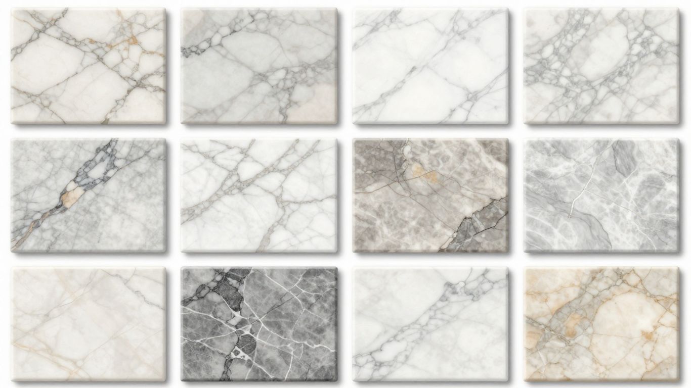 Marble tile samples with varied veining and colors.