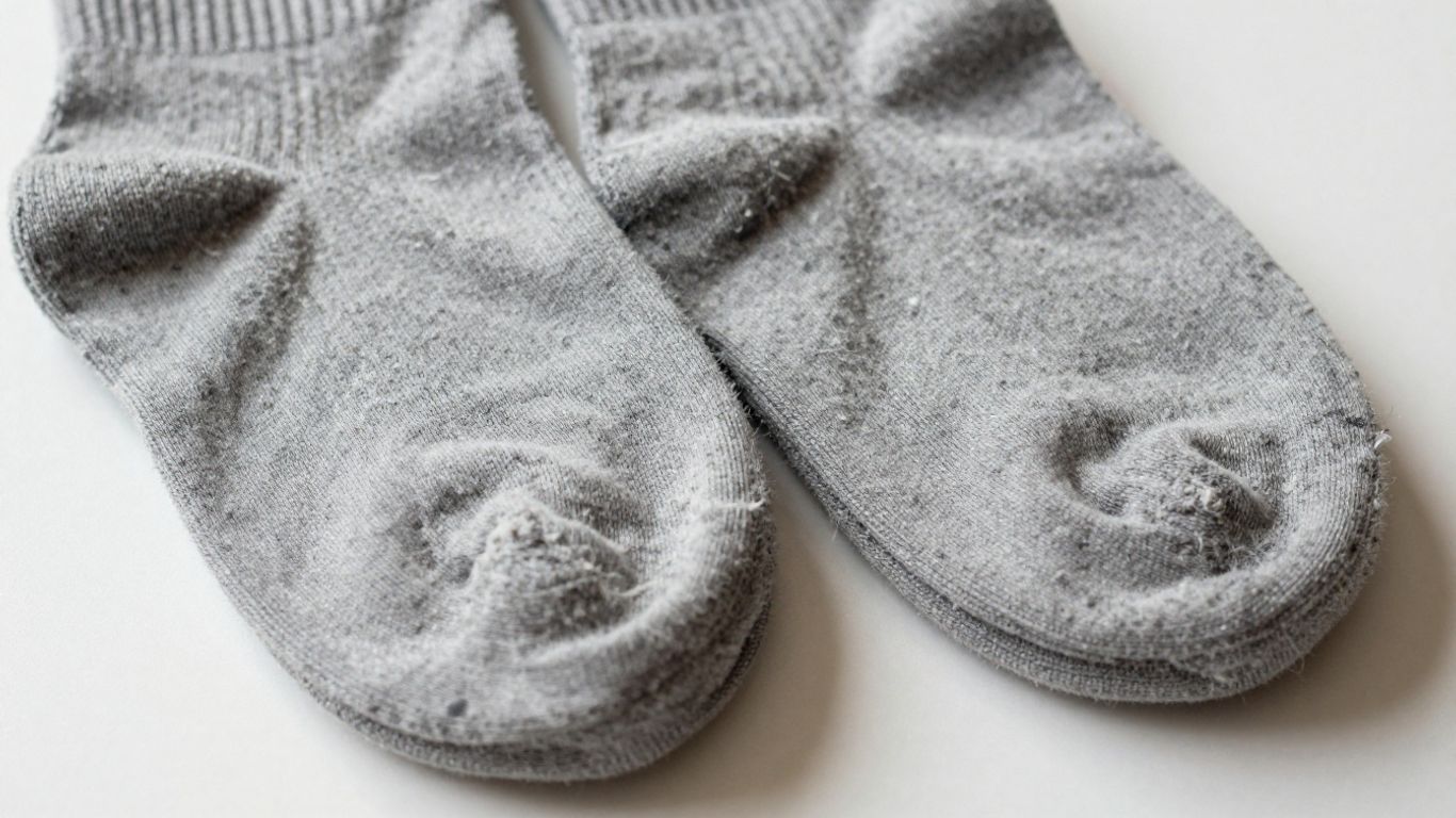 Worn merino wool socks, highlighting texture and durability.