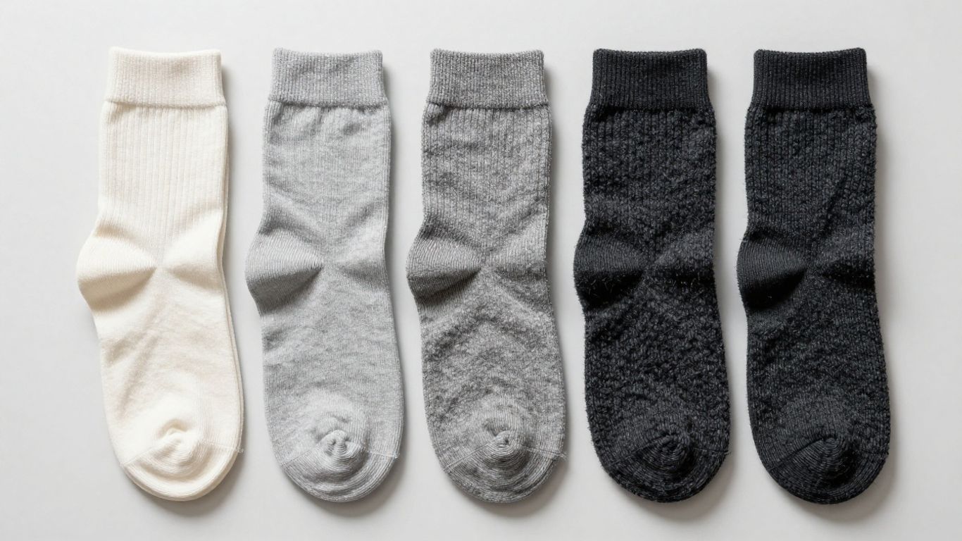 Three work socks of varying thickness and color.