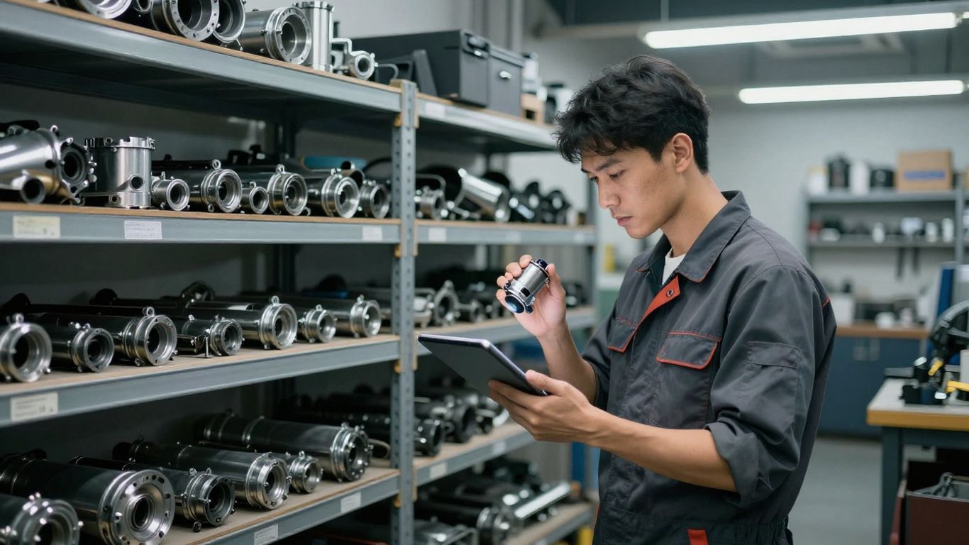 Garage worker sorting car parts