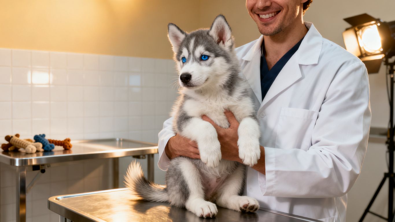A friendly Husky breeder interacts with puppies