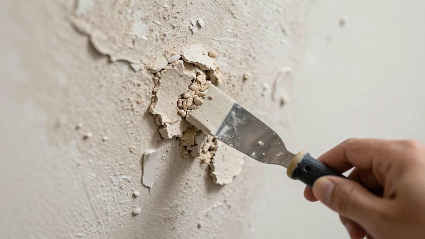 Scraping loose plaster from a wall with a putty knife.