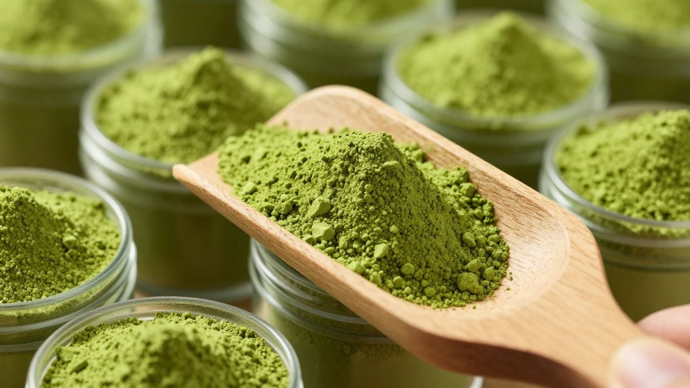 Bulk matcha tea powder in scoops and containers.