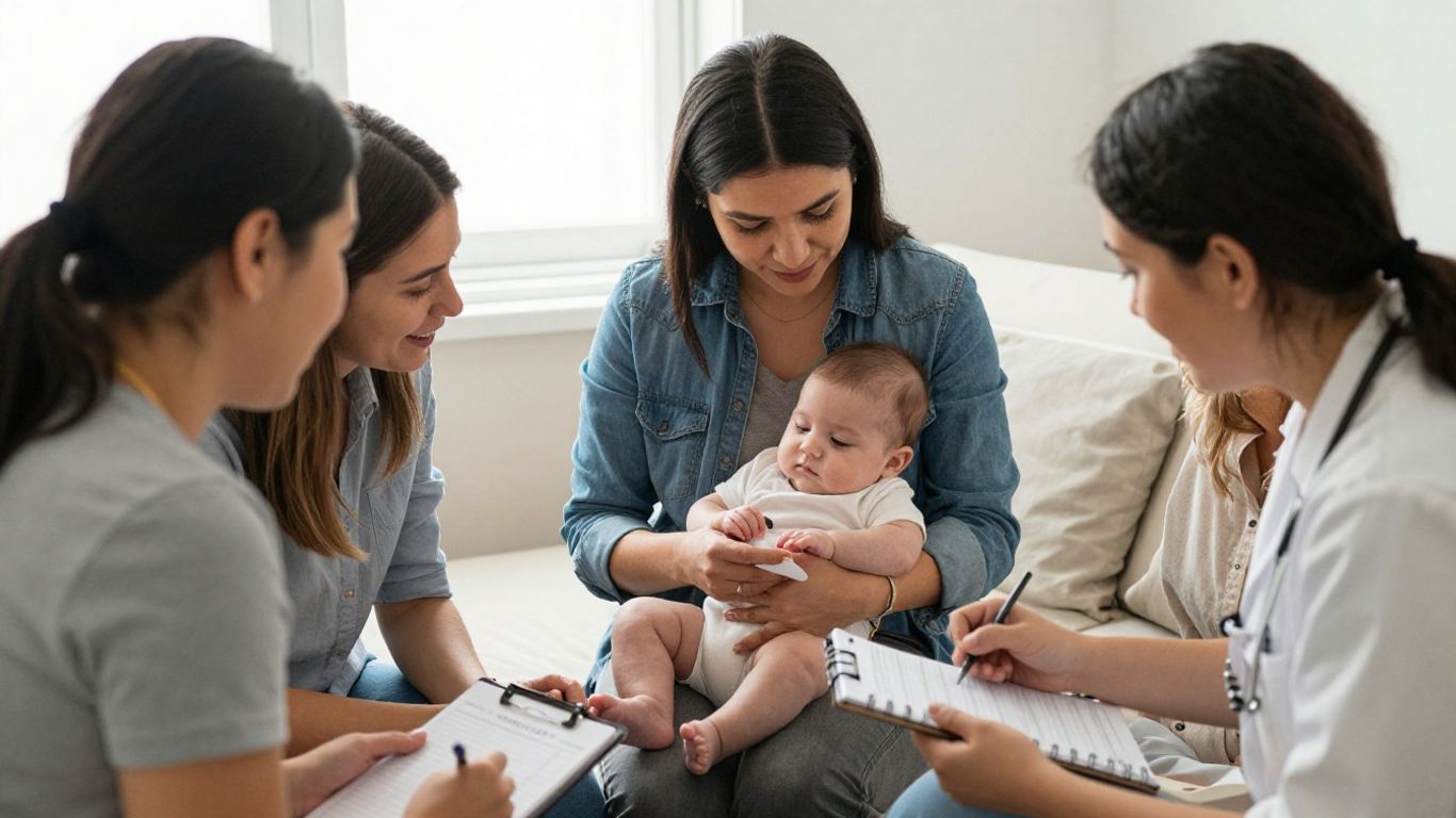 Familia observando medidas de crecimiento del bebé