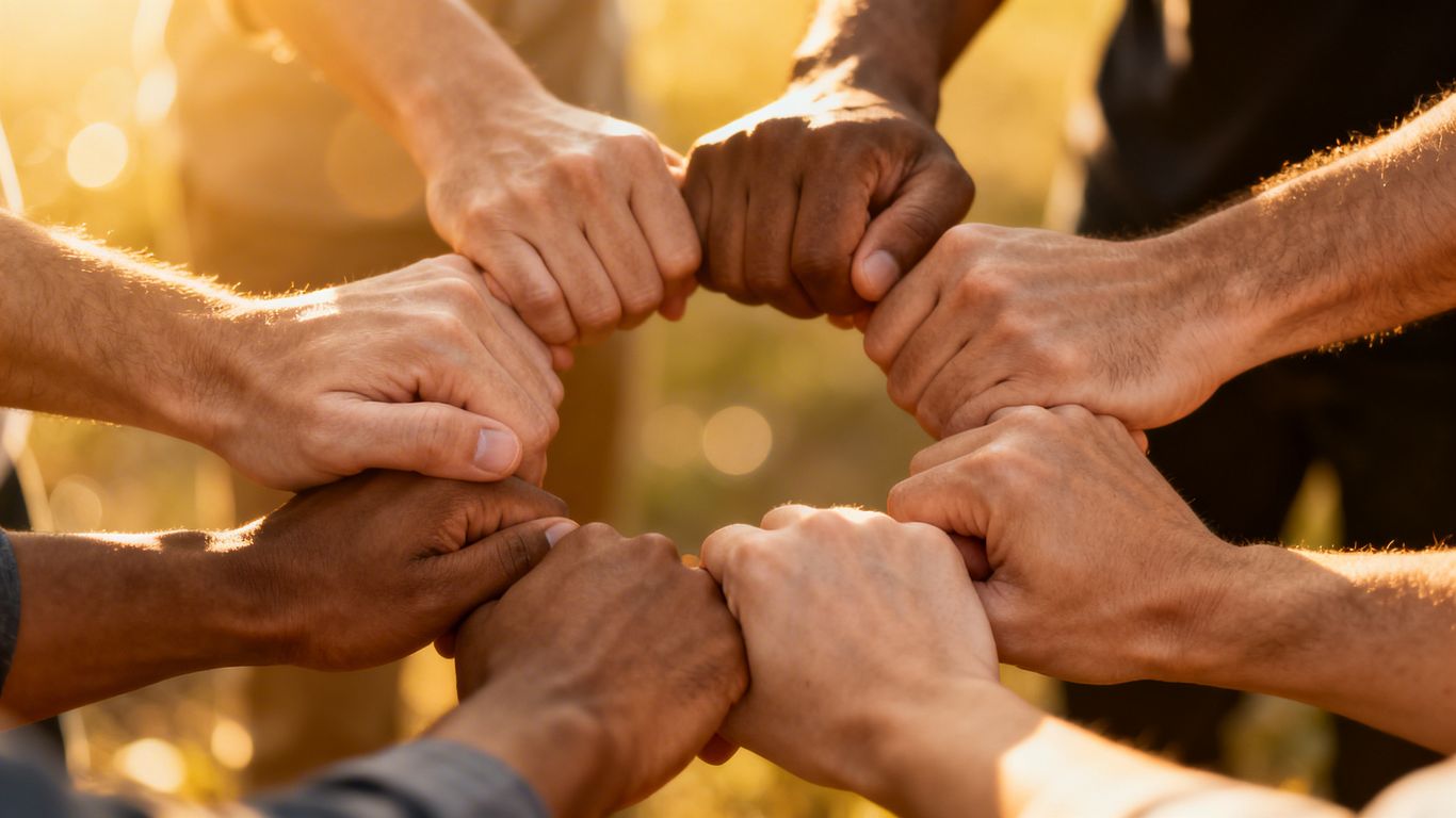 Hands clasped in a circle, symbolizing unity and support.