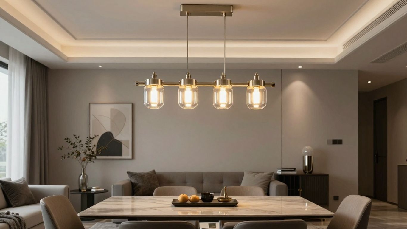 Three-light pendant ceiling light in a modern room.