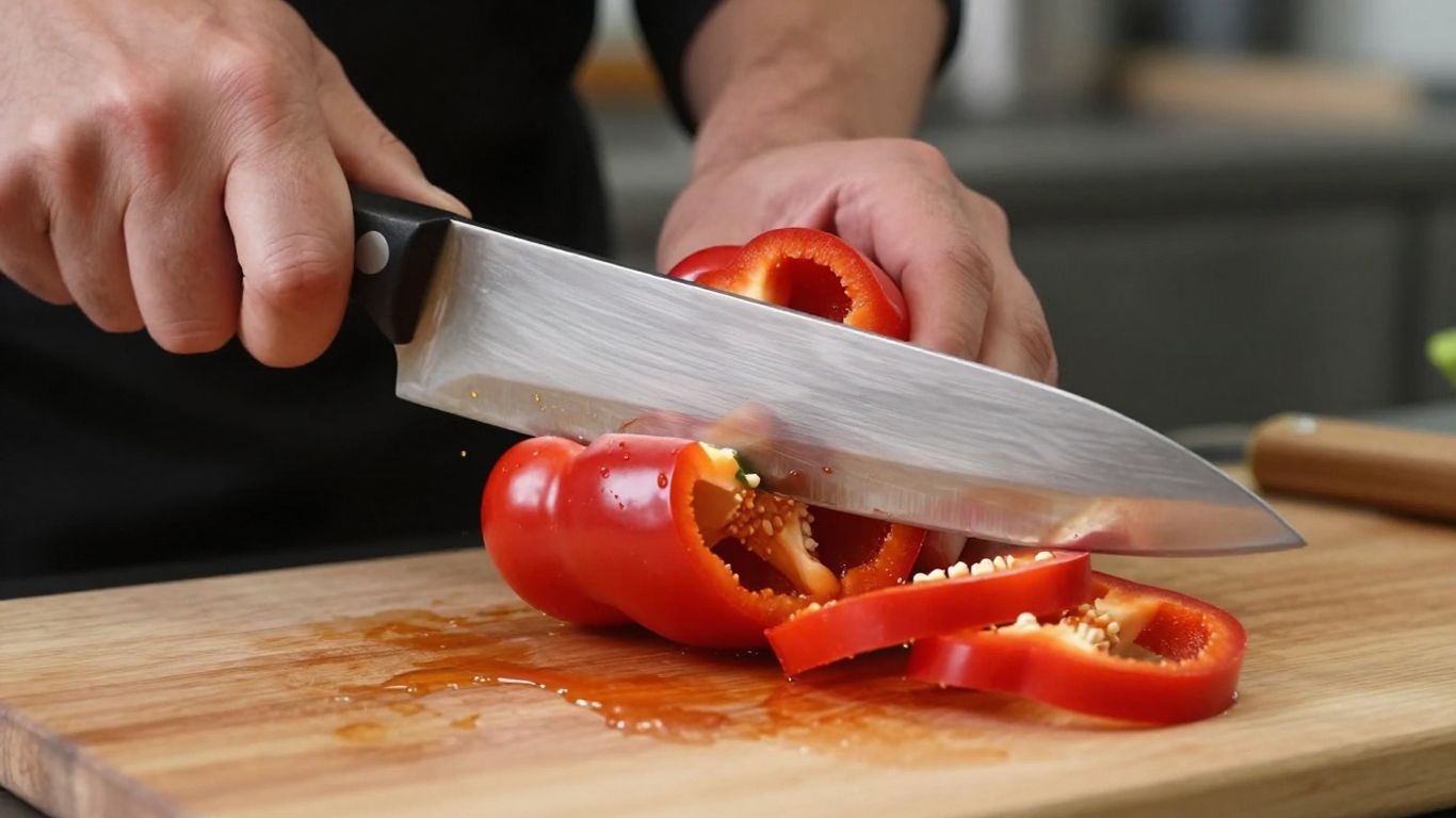 Chef slicing a red bell pepper with a sharp knife.
