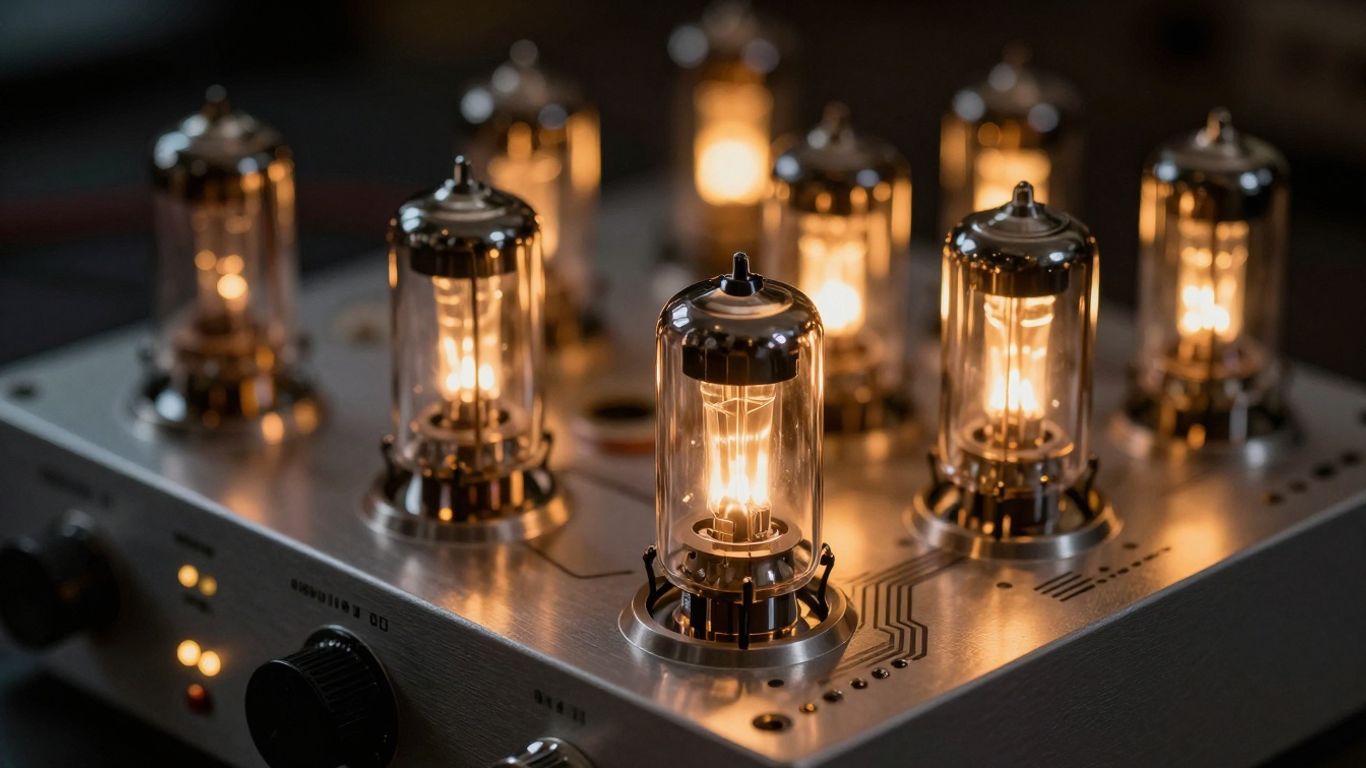 Close-up of a glowing vacuum tube preamplifier.