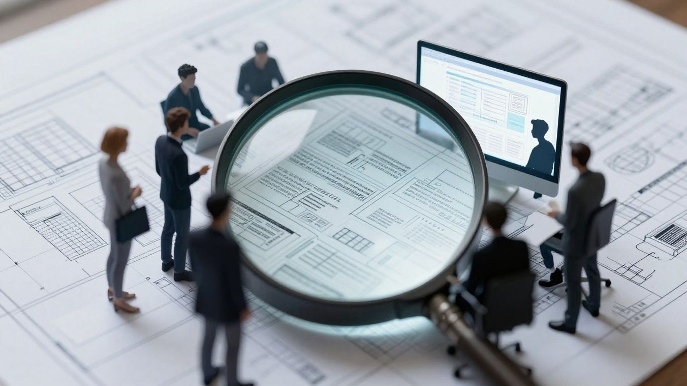 Website design analysis with magnifying glass over blueprints.