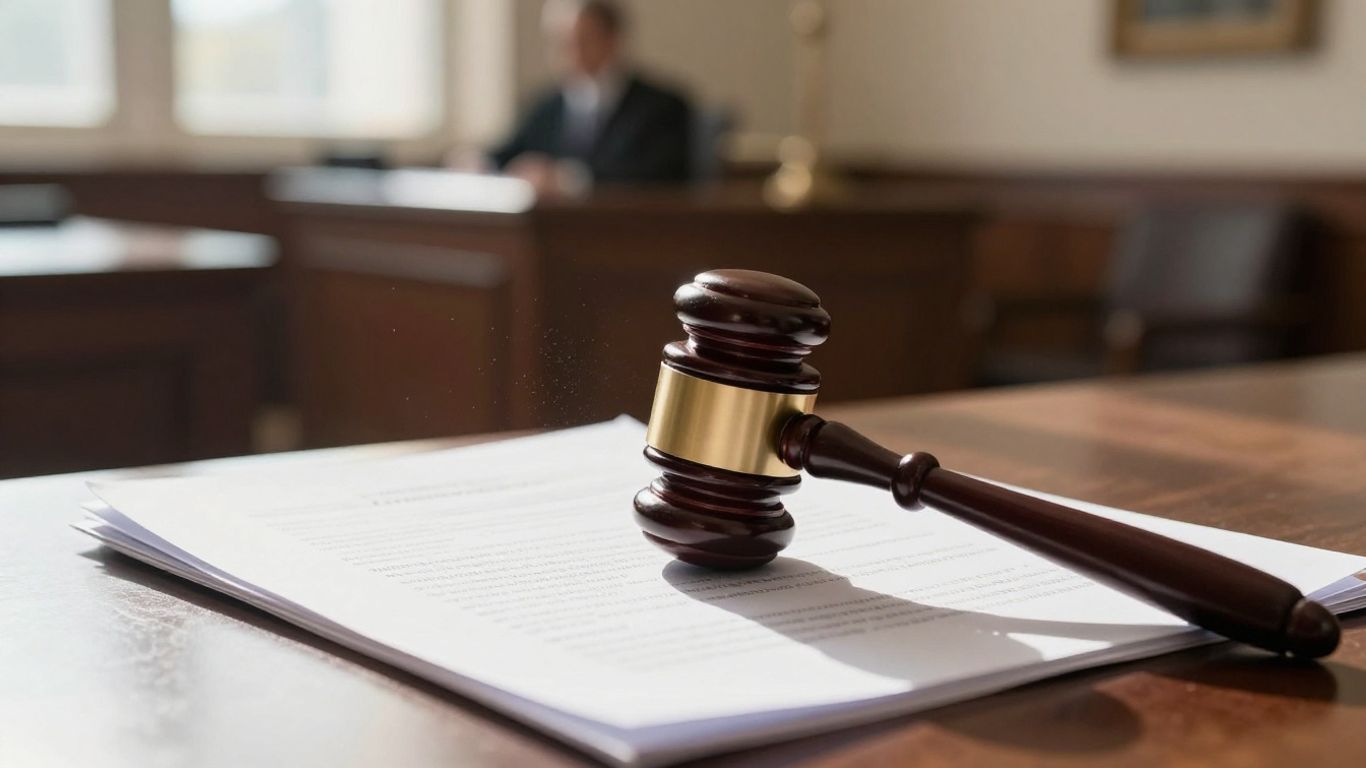 Gavel on legal documents in a courtroom.
