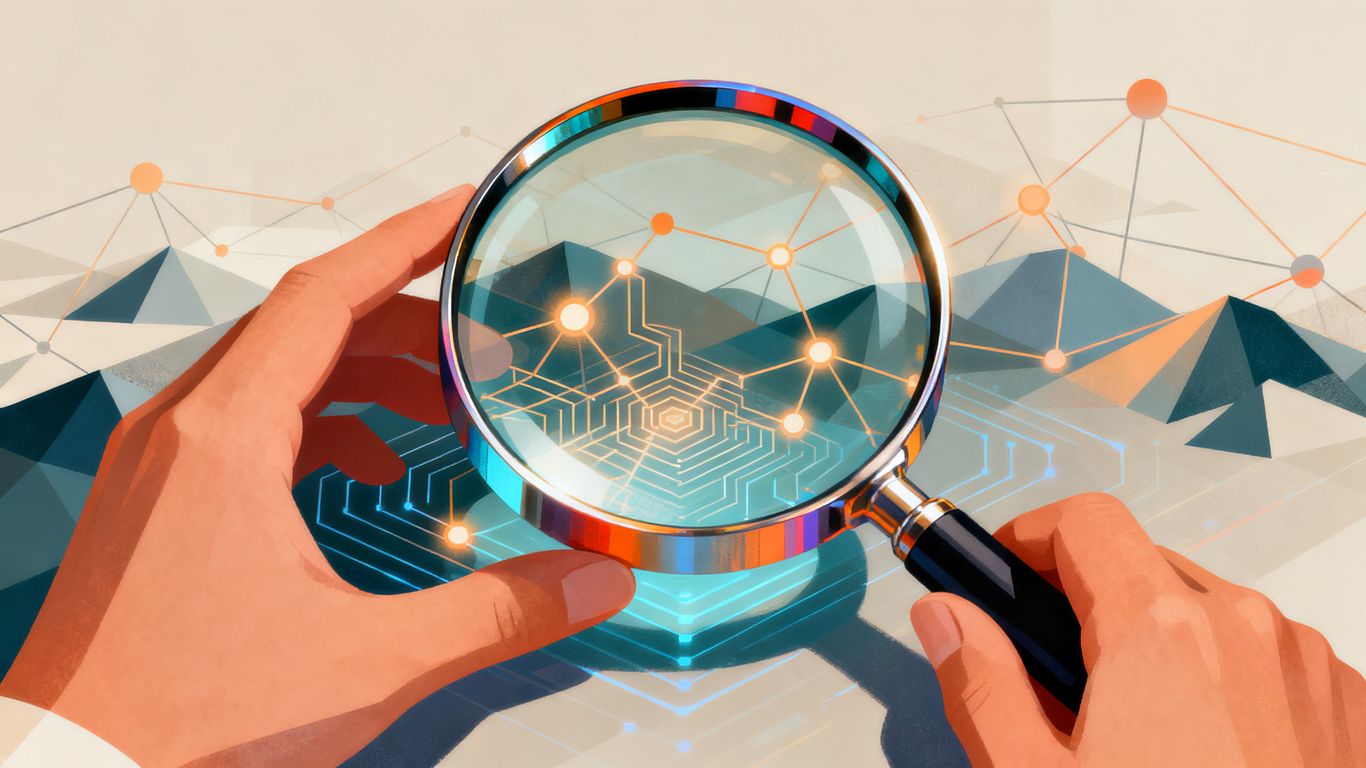 Magnifying glass over digital landscape for SEO strategy