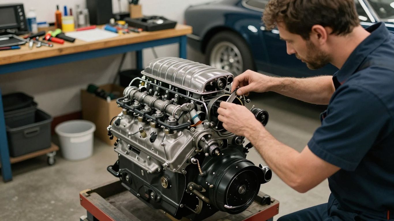 Mechanic inspecting a vintage car engine