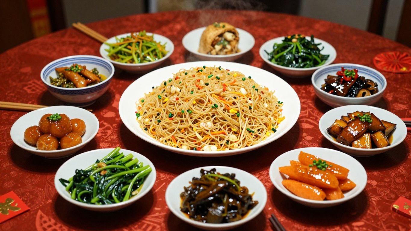 Longevity noodles and colorful Chinese sides