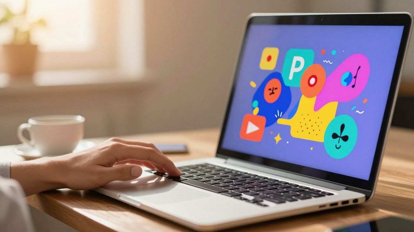 Osoba píšící na notebooku s barevnými tvary kolem