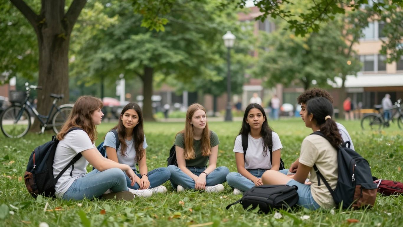 Jovens reunidos em parque sob céu nublado
